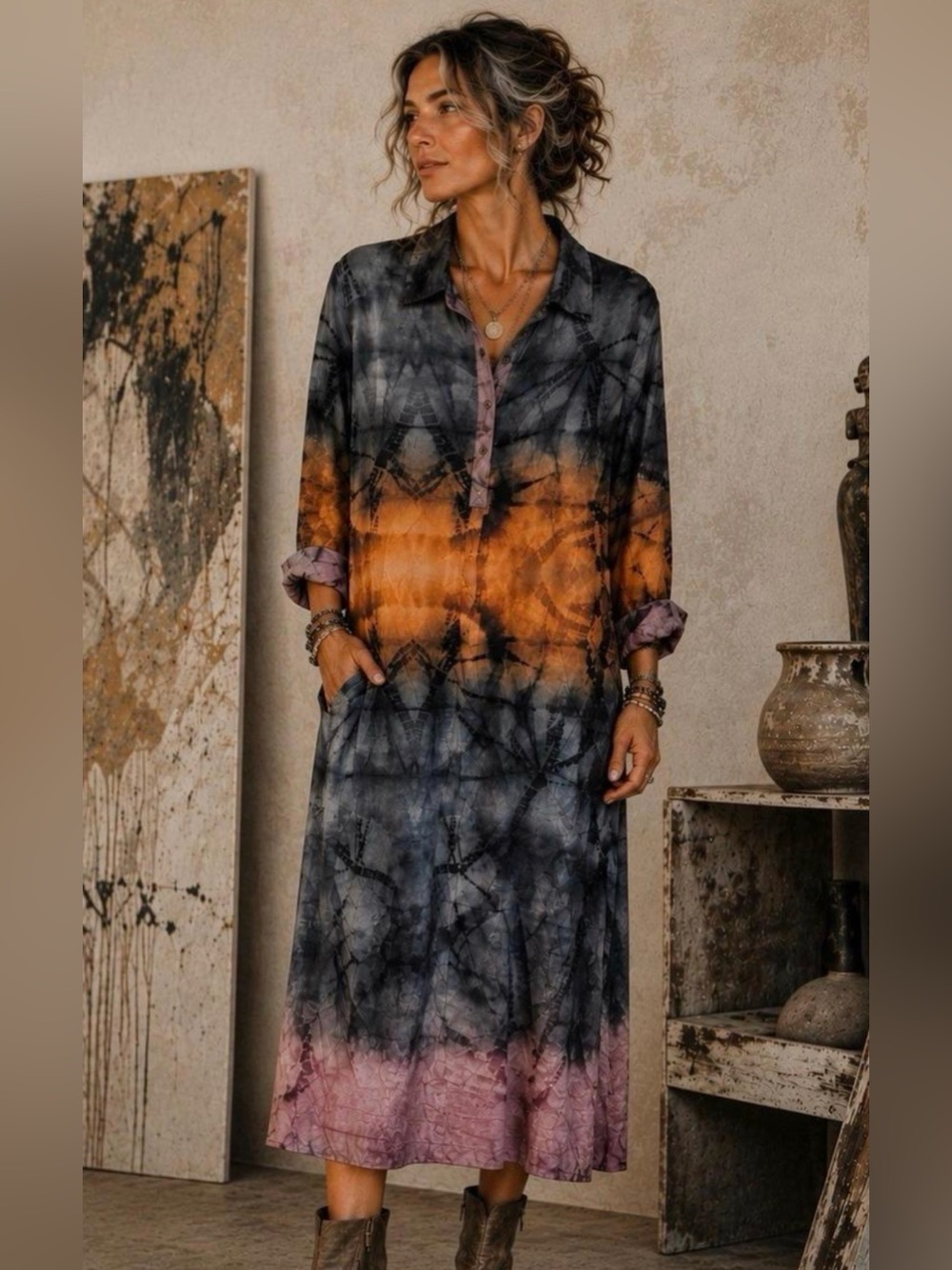 Johnny Was Tie-Dye Long Sleeve Shirt Dress